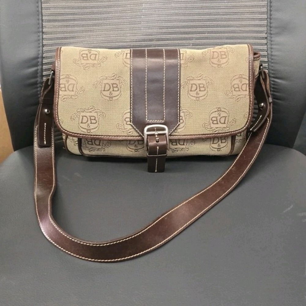Dooney & Bourke Beige/Brown Logo Shoulder Bag Buckle Closure Silver Hardware
